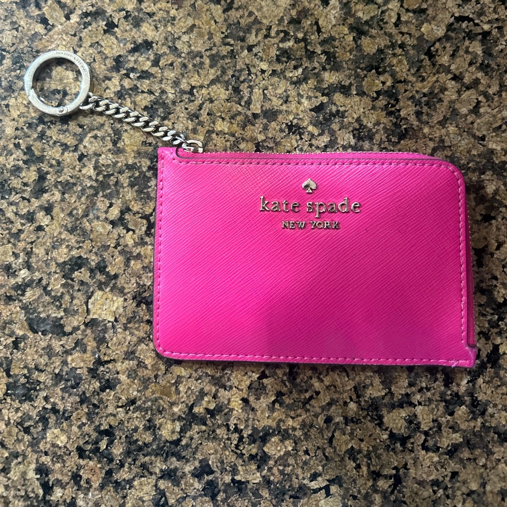 Kate Spade Pink Saffiano Leather Zip Cardholder Wallet w/ Chain Key Ring